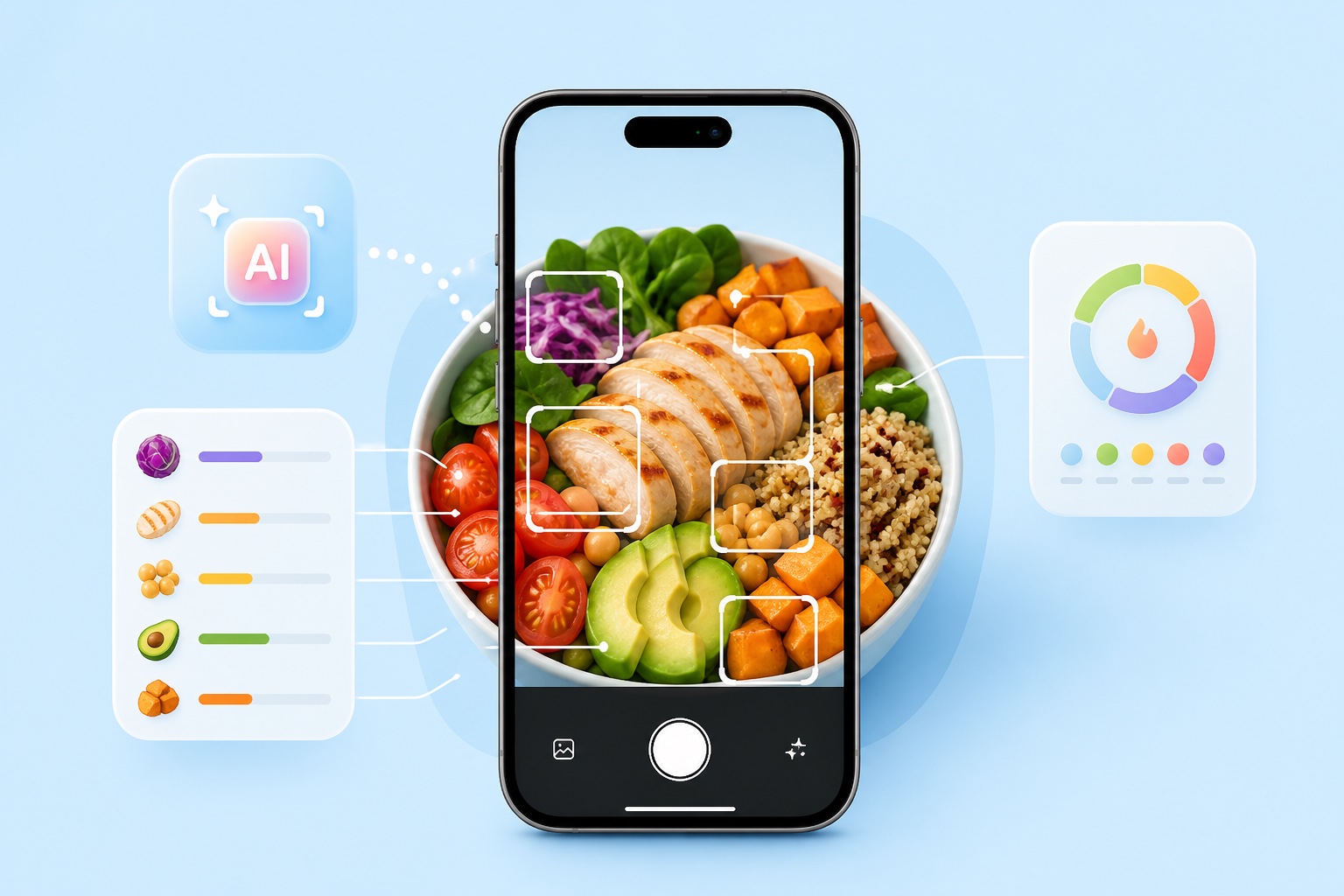 AI food tracking illustration with a phone scanning a healthy meal