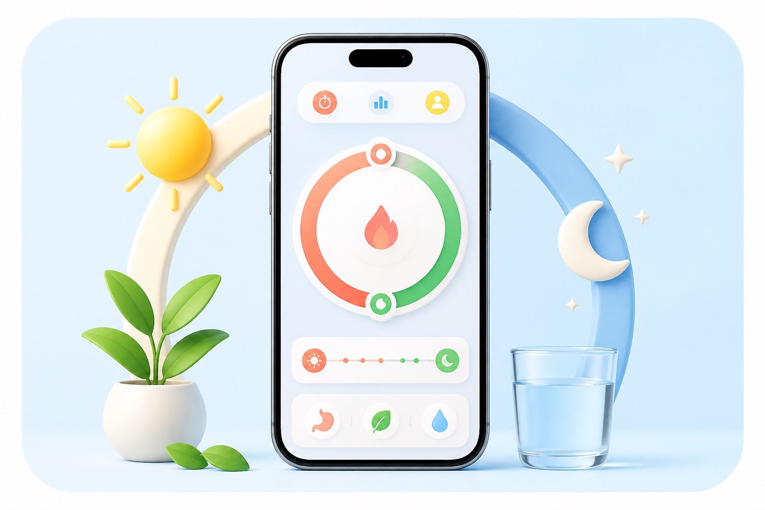 Intermittent fasting illustration with a phone timer, sun, moon, and water glass