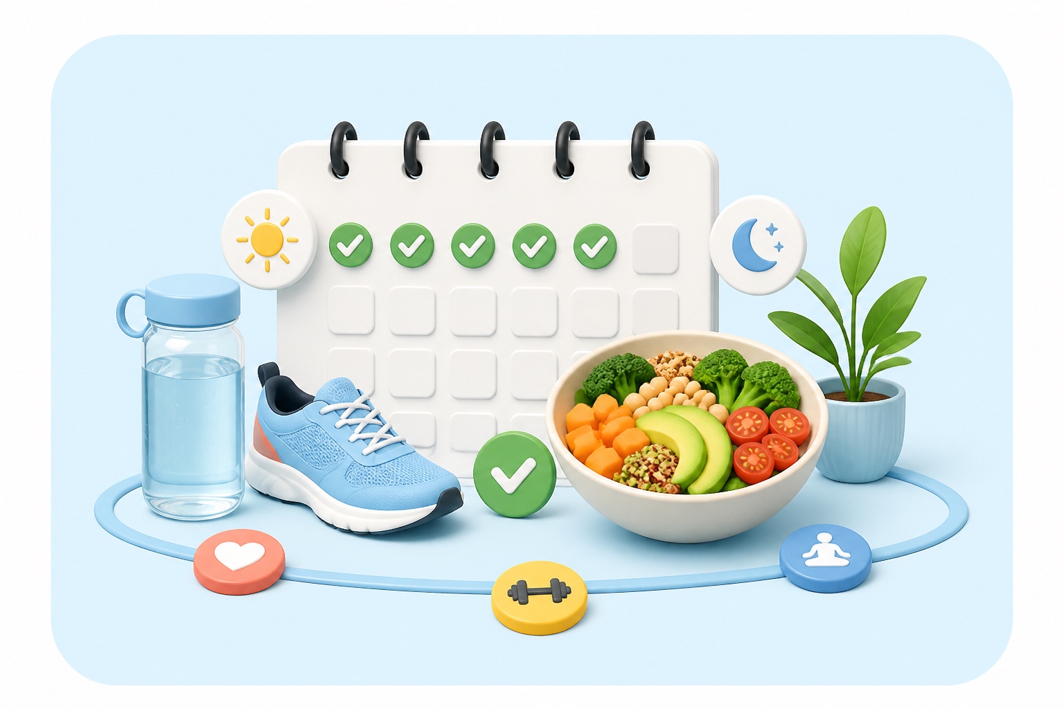 Build healthy routines goal illustration with a calendar, water, and healthy meal