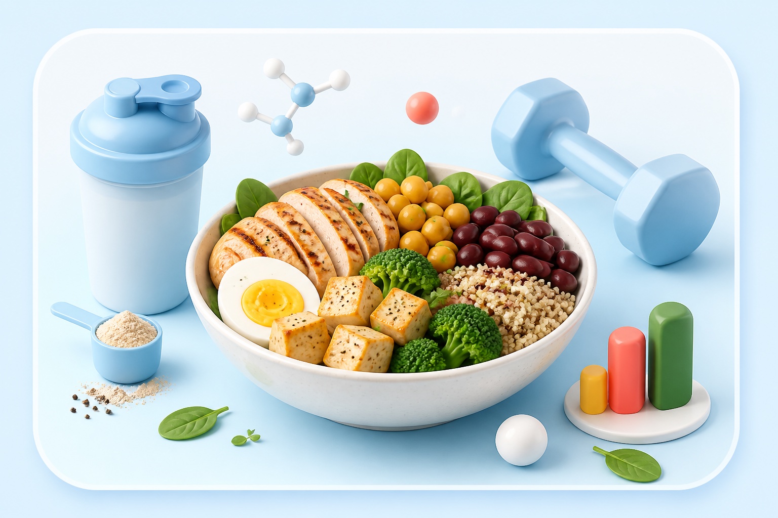 Build muscle goal illustration with a high protein meal and strength motif