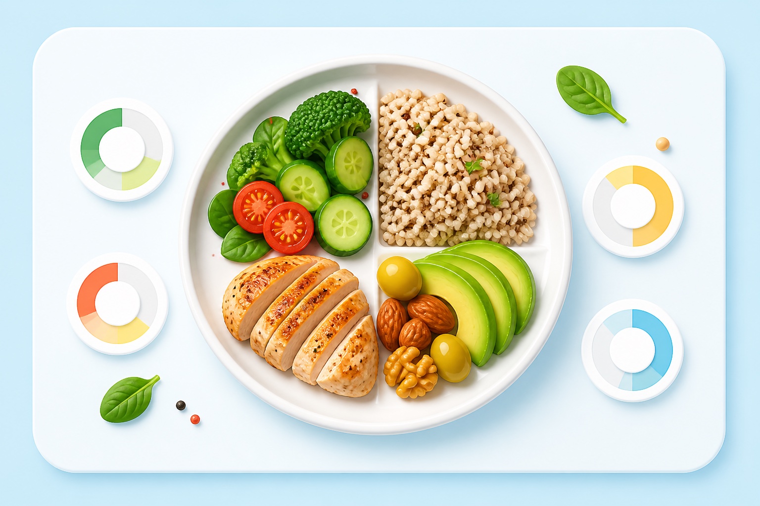 Eat balanced meals goal illustration with a balanced plate and macro rings