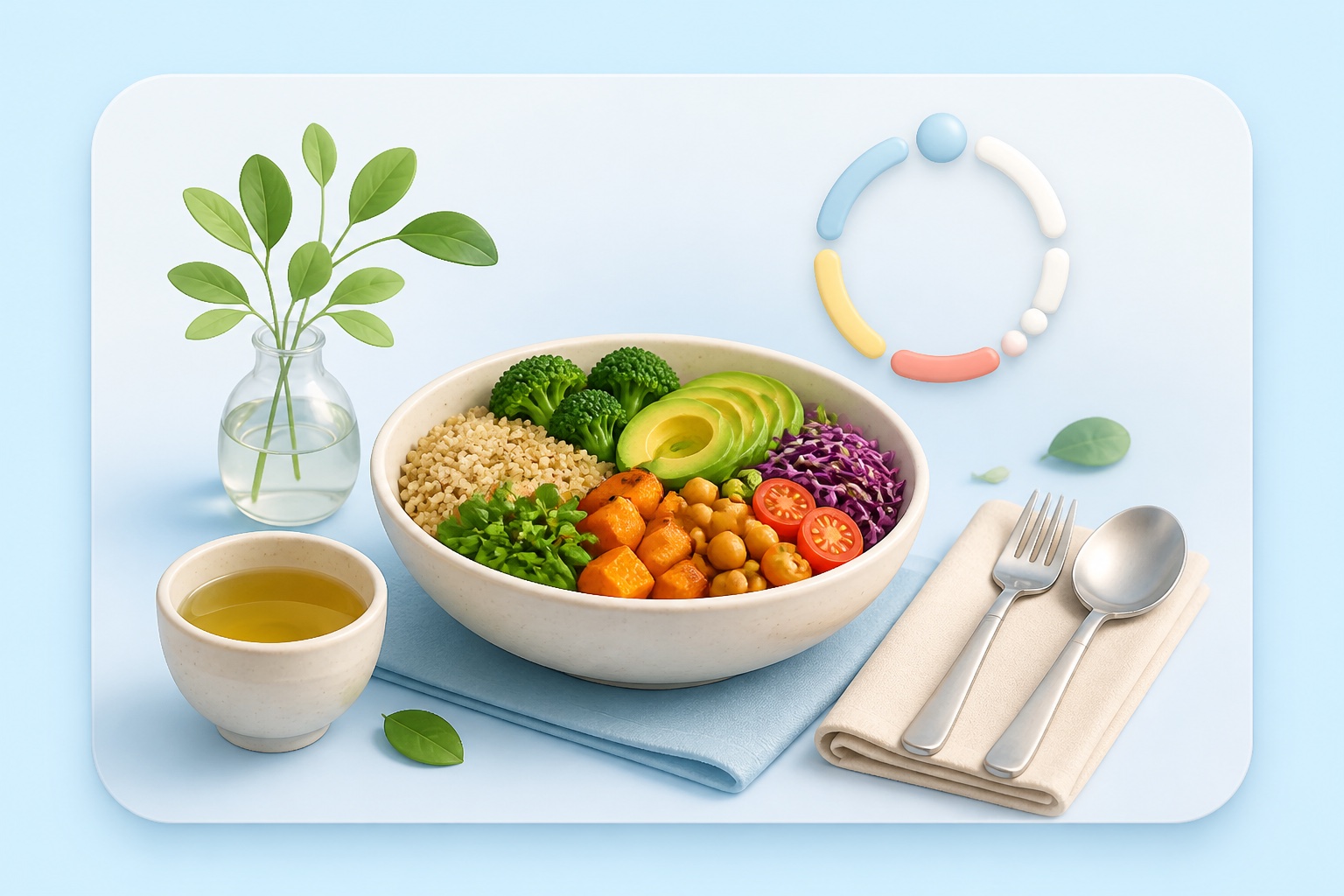 Eat mindfully goal illustration with a calm meal, tea, and pause rings
