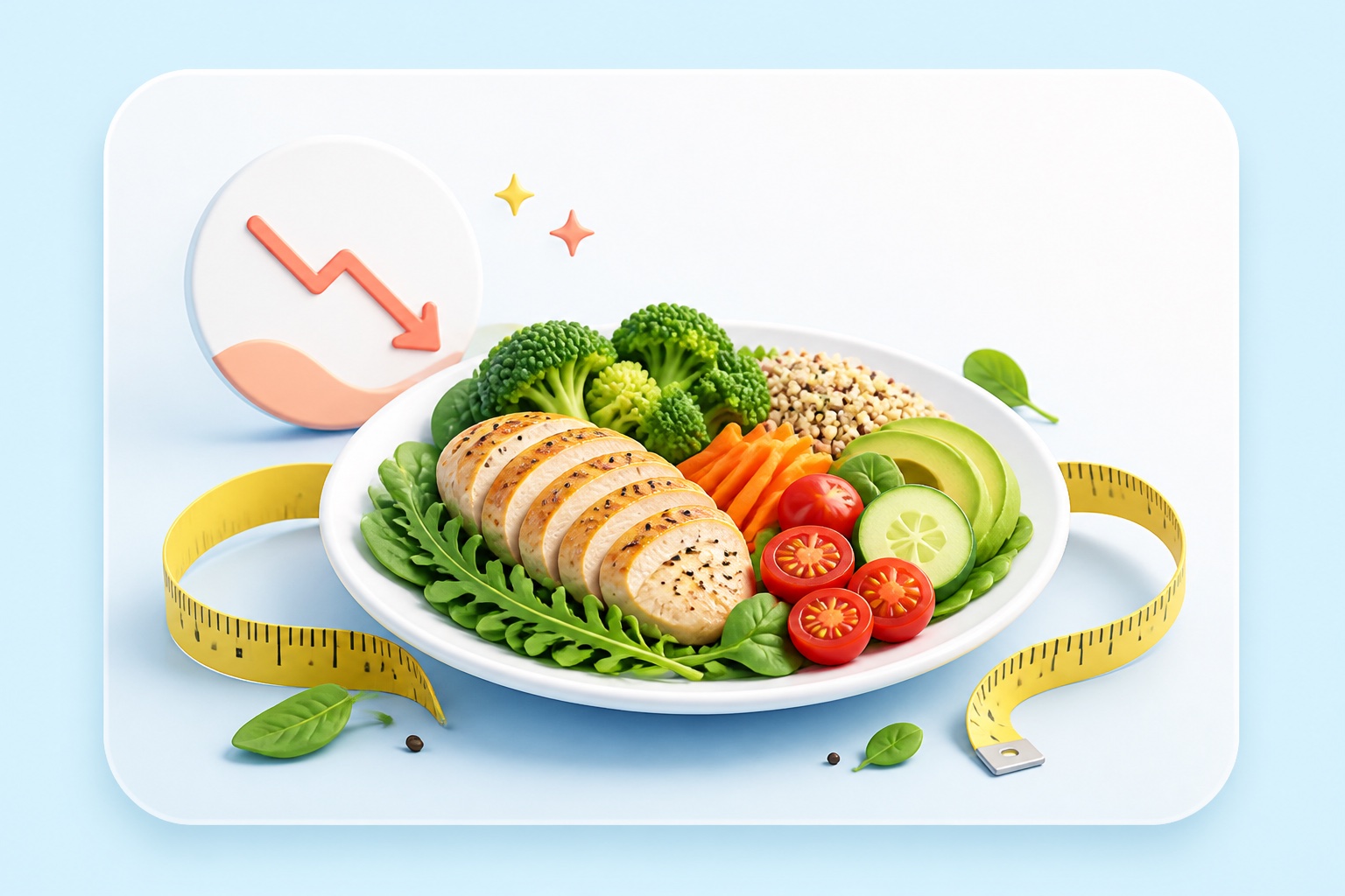 Lose weight goal illustration with a balanced meal and supportive progress marker