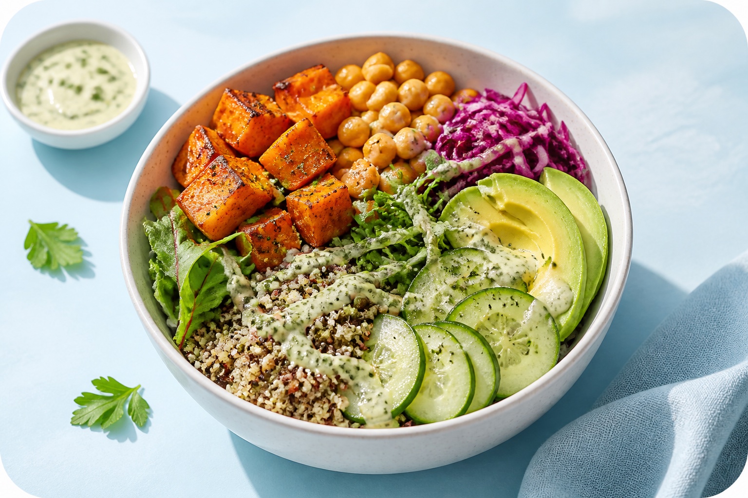Weeknight grain bowl with quinoa, roasted sweet potato, chickpeas, greens, and sauce